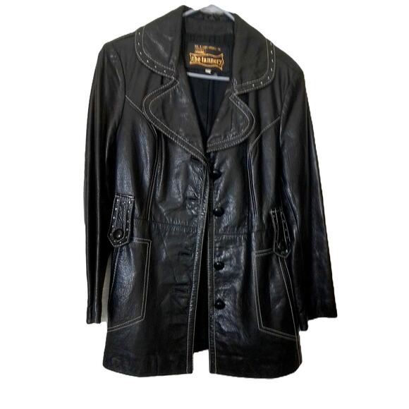 Montgomery Ward Jackets & Blazers - Vintage Montgomery Ward The Tannery Black Leather Jacket Car Coat Size 15/16